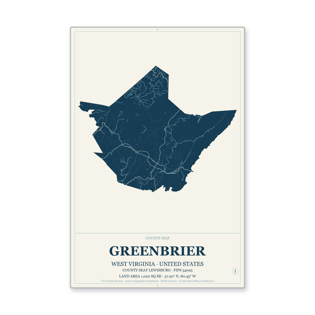 Greenbrier County, West Virginia Map Aluminum Sign in Coastal Cutout style