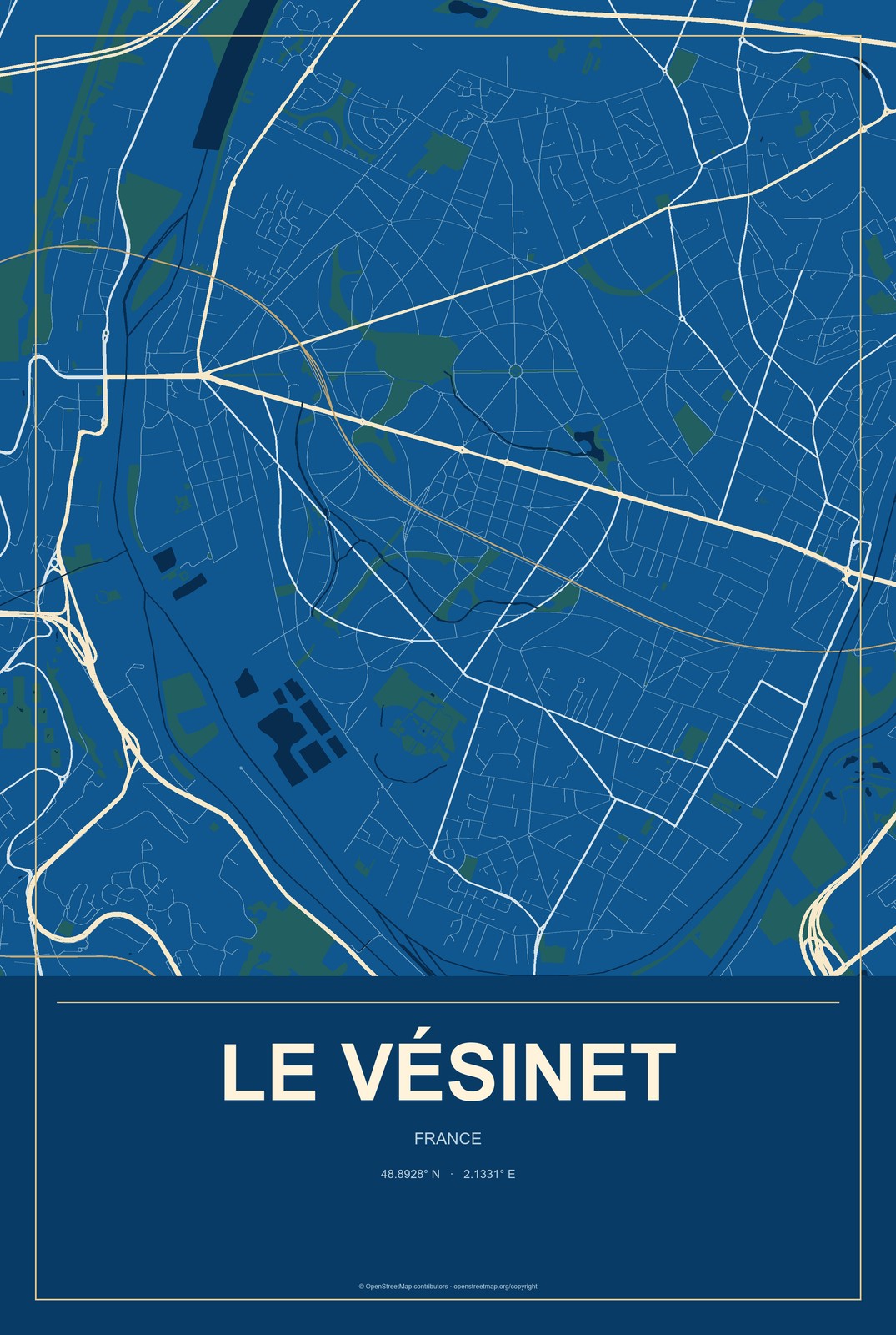 Le Vésinet, France City Map Aluminum Sign in Harbor Cobalt style