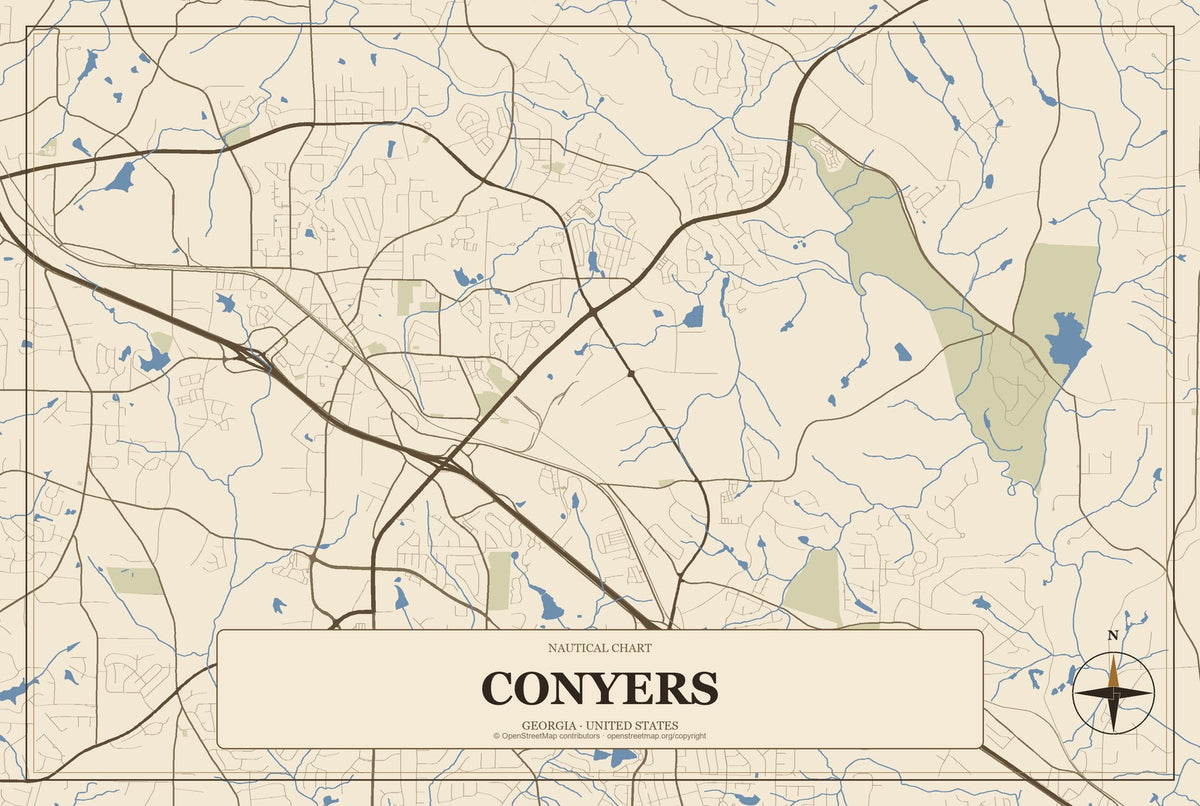 Conyers, Georgia City Map Aluminum Sign in Heritage Nautical style