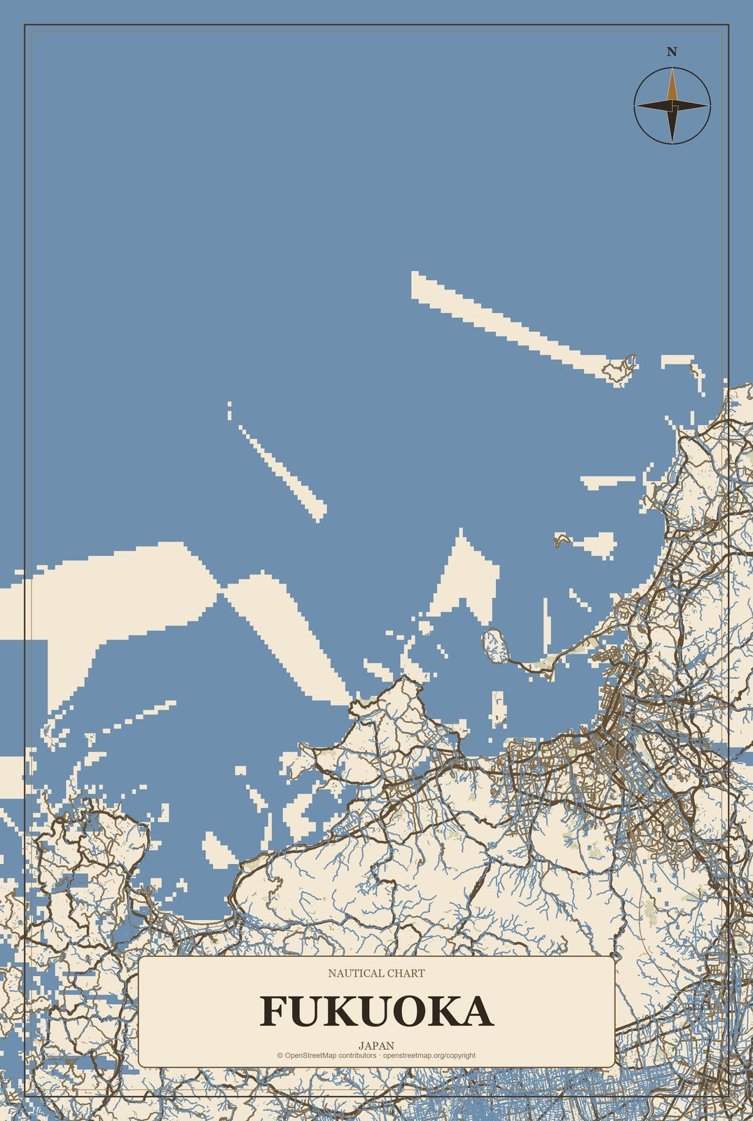 Fukuoka, Japan City Map Aluminum Sign in Heritage Nautical style
