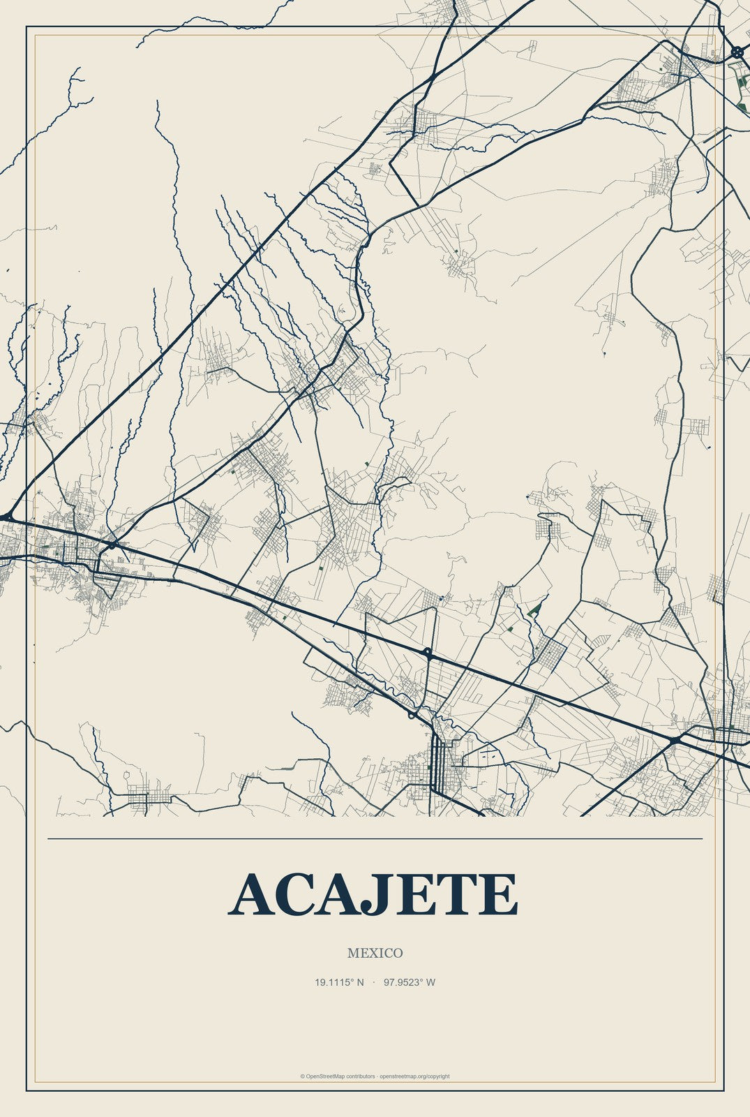 Acajete, Mexico City Map Aluminum Sign in Coastal Cutout style