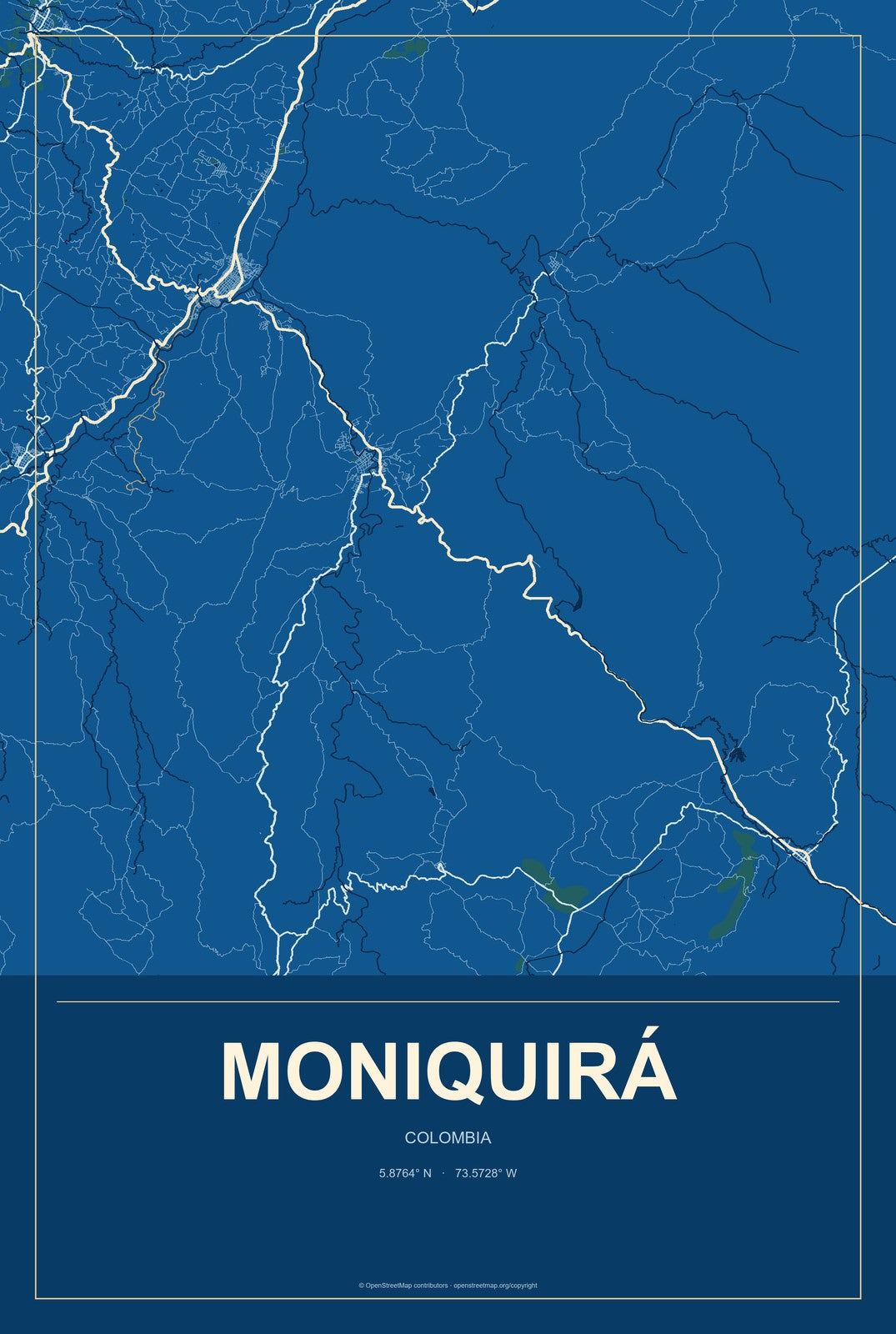 Moniquirá, Colombia City Map Aluminum Sign in Harbor Cobalt style