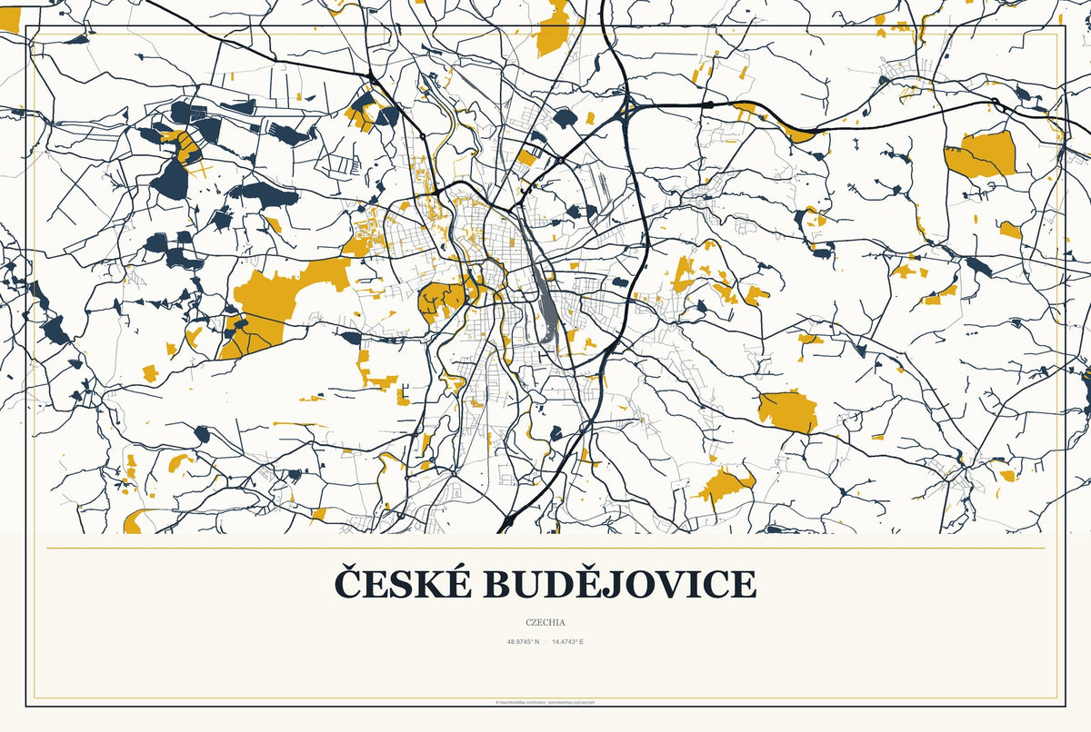 České Budějovice, Czechia City Map Aluminum Sign in Citrine Modern style