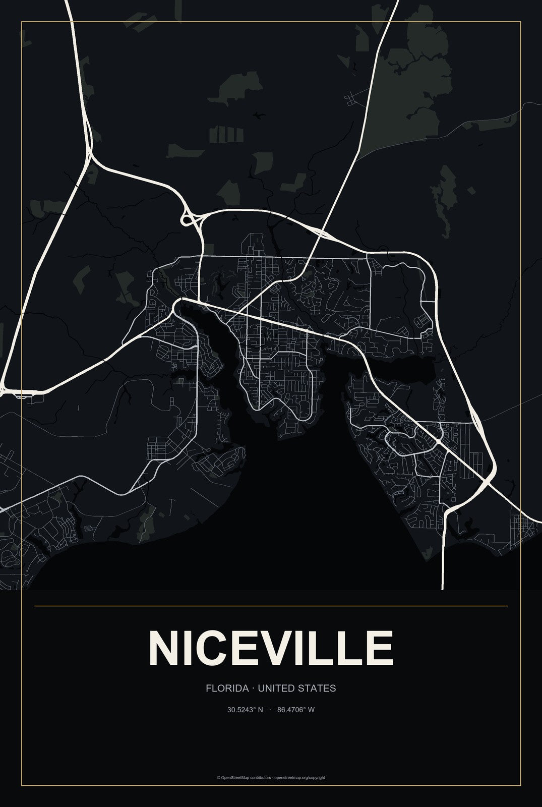 Niceville, Florida City Map Aluminum Sign in Metropolitan Noir style