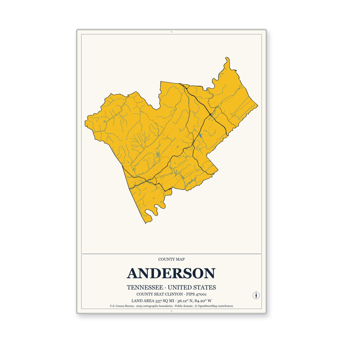 Anderson County, Tennessee Map Aluminum Sign in Citrine Modern style