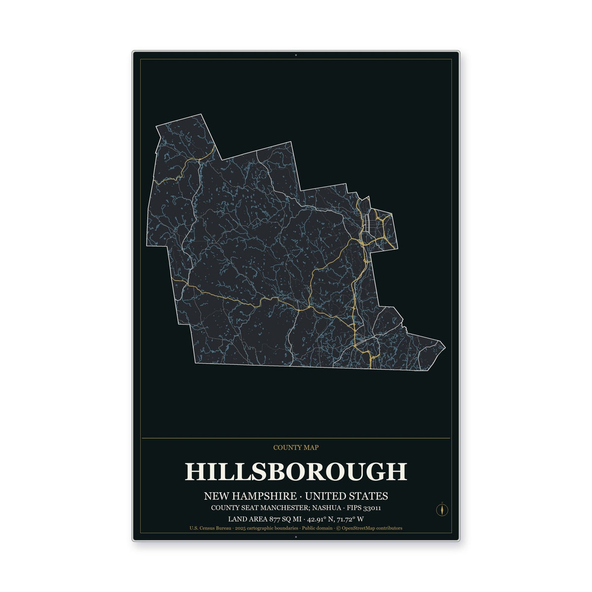 Hillsborough County, New Hampshire Map Aluminum Sign in Metropolitan Noir style