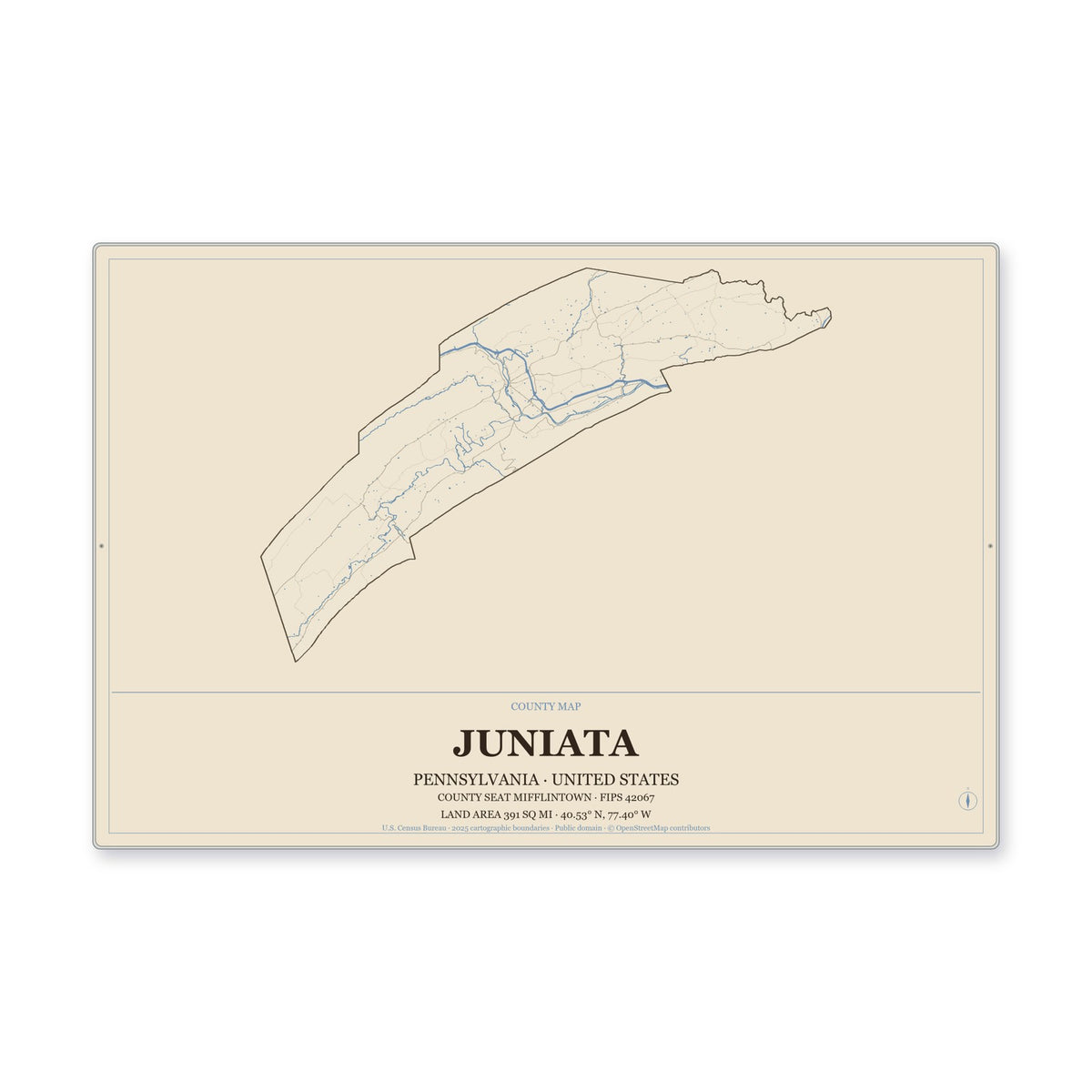 Juniata County, Pennsylvania Map Aluminum Sign in Heritage Nautical style