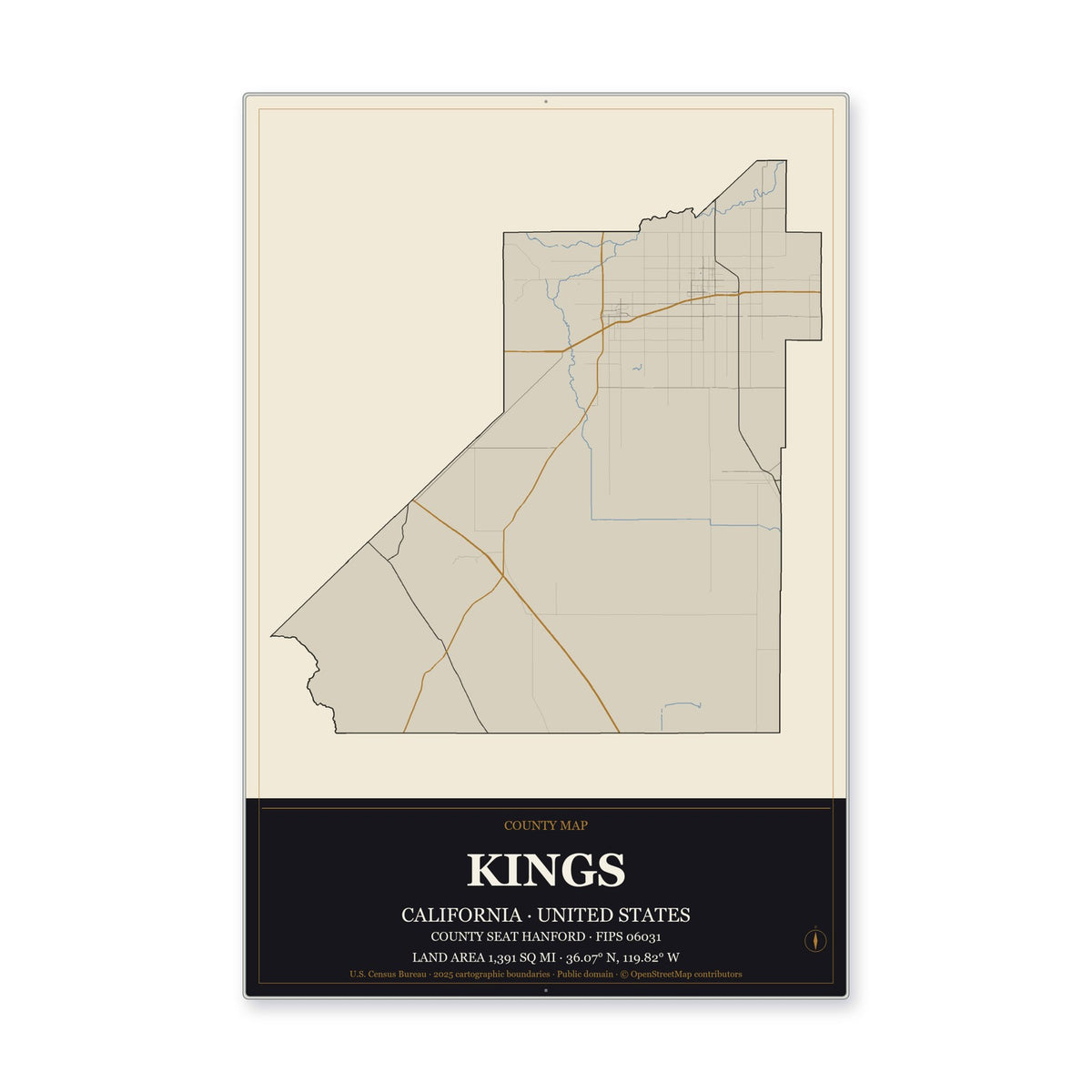 Kings County, California Map Aluminum Sign in Museum Plaque style