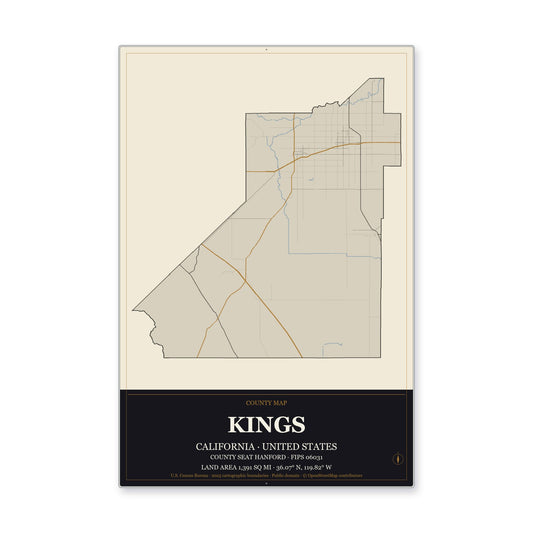 Kings County, California Map Aluminum Sign in Museum Plaque style