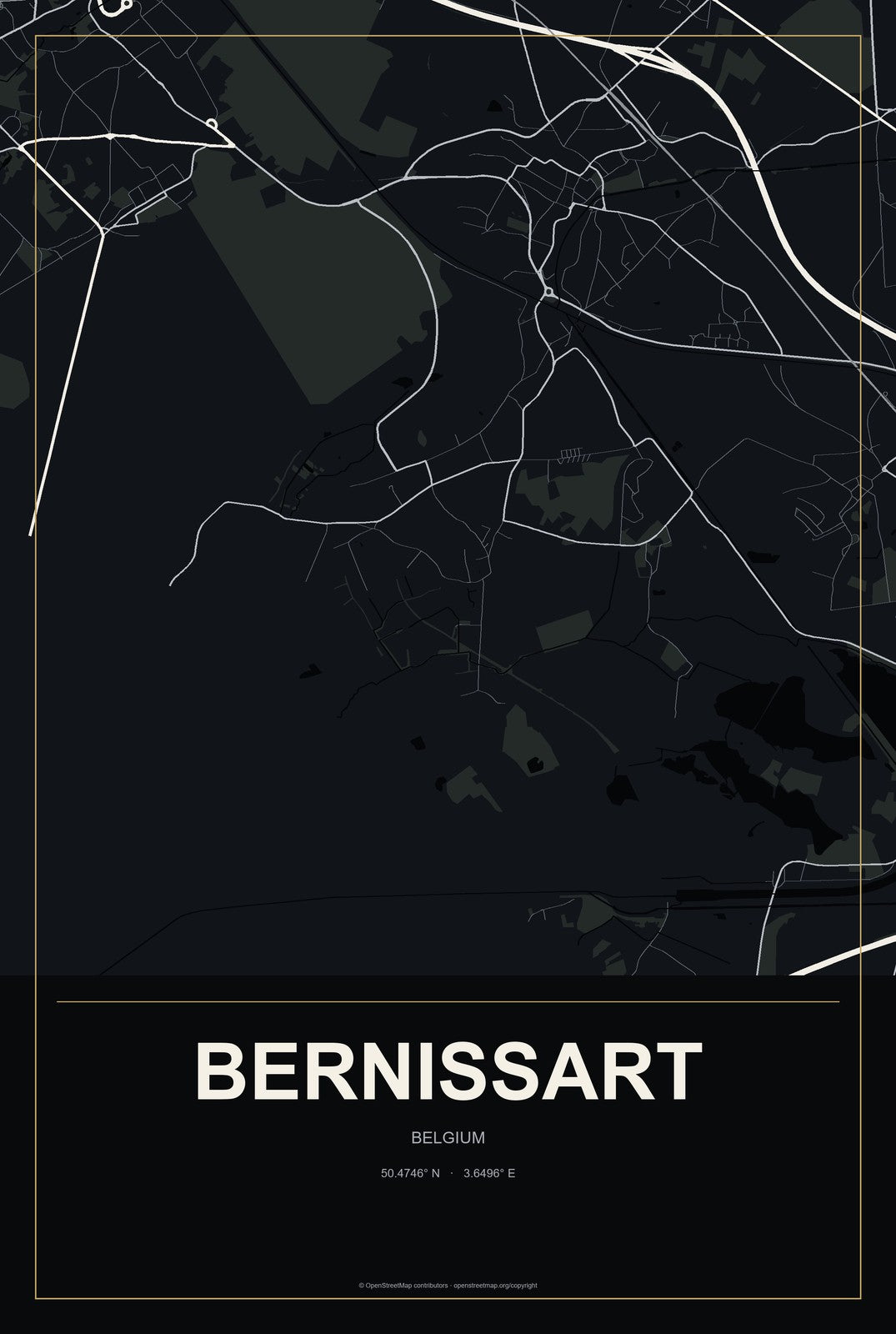 Bernissart, Belgium City Map Aluminum Sign in Metropolitan Noir style