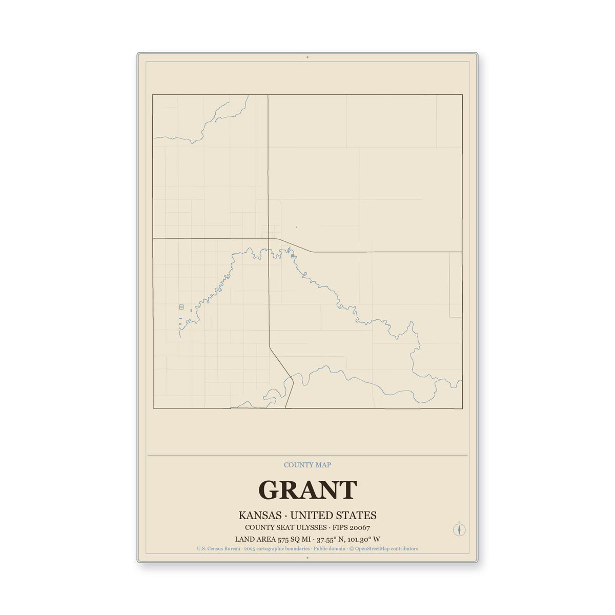Grant County, Kansas Map Aluminum Sign in Heritage Nautical style