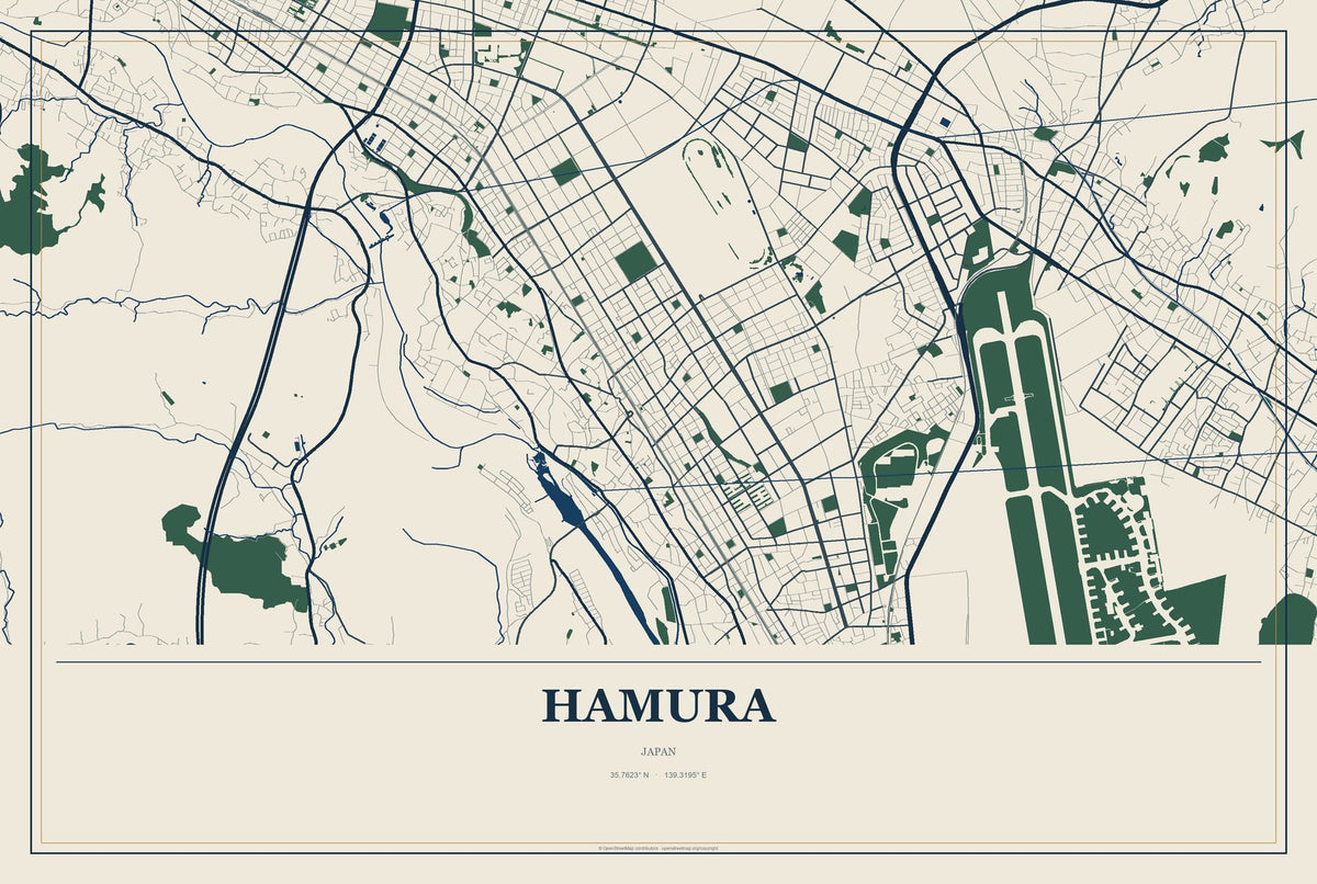 Hamura, Japan City Map Aluminum Sign in Coastal Cutout style