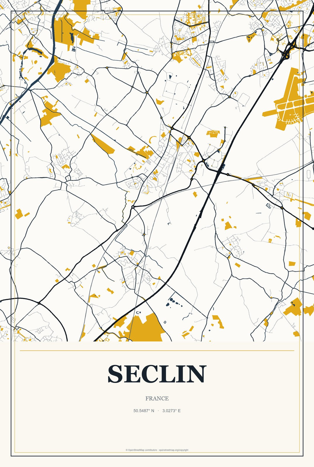 Seclin, France City Map Aluminum Sign in Citrine Modern style