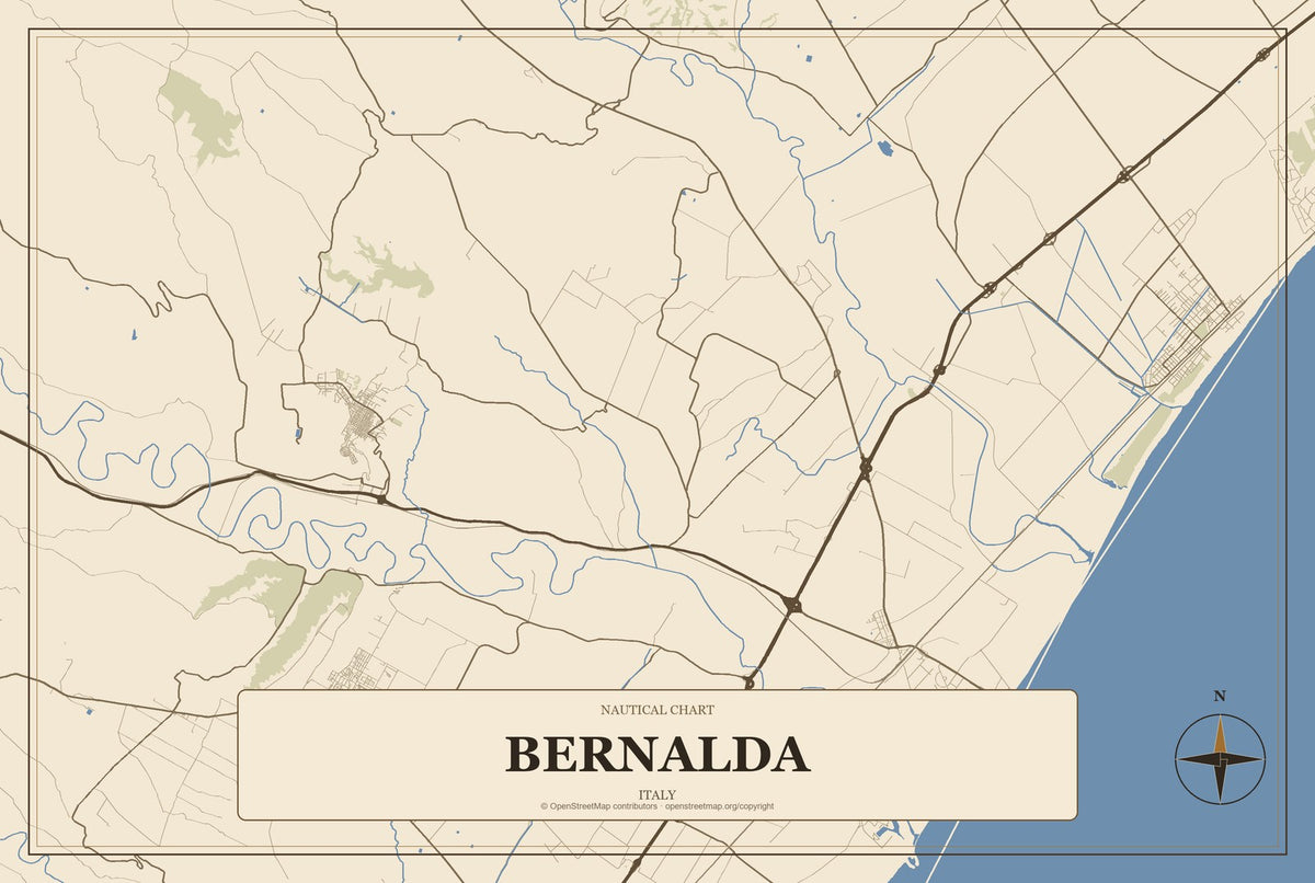 Bernalda, Italy City Map Aluminum Sign in Heritage Nautical style