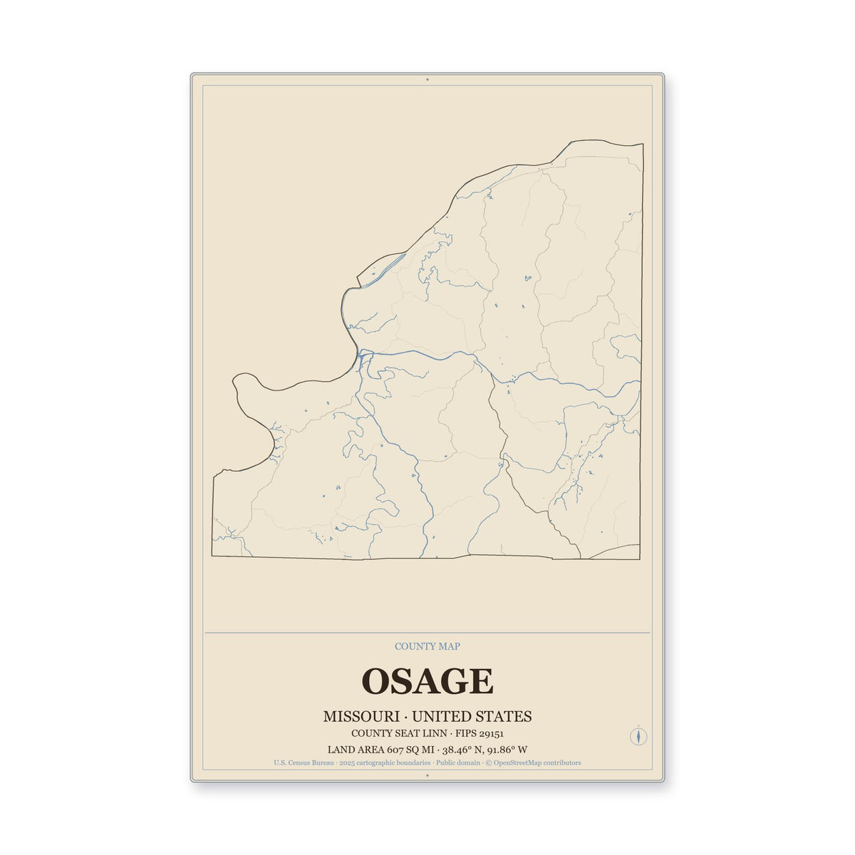 Osage County, Missouri Map Aluminum Sign in Heritage Nautical style