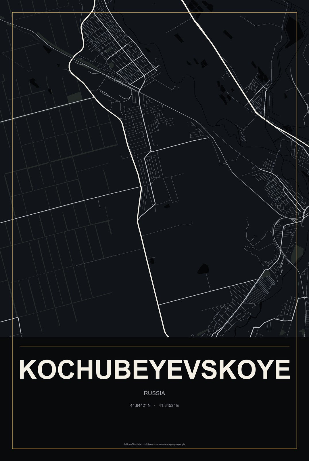 Kochubeyevskoye, Russia City Map Aluminum Sign in Metropolitan Noir style