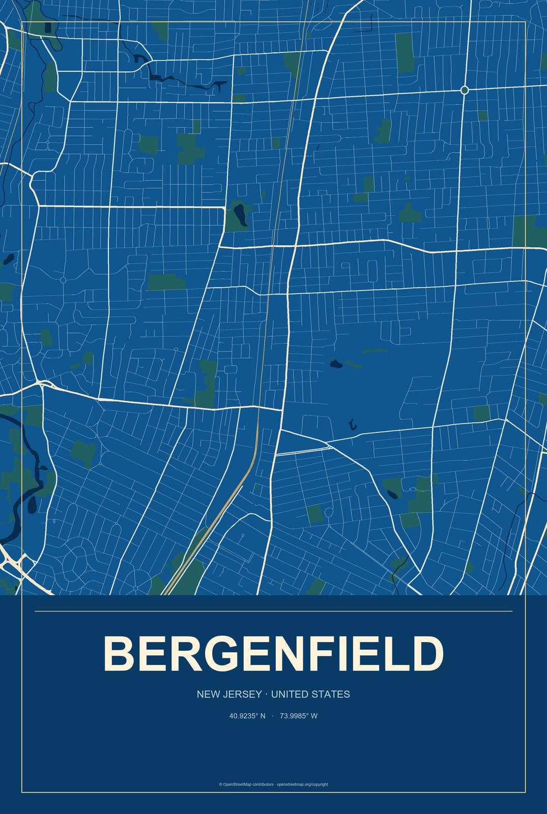 Bergenfield, New Jersey City Map Aluminum Sign in Harbor Cobalt style