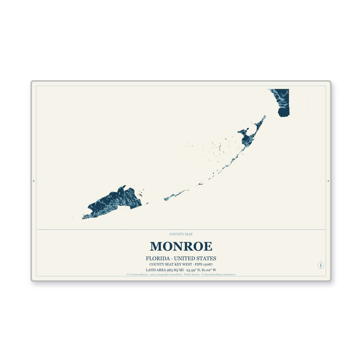 Monroe County, Florida Map Aluminum Sign in Coastal Cutout style