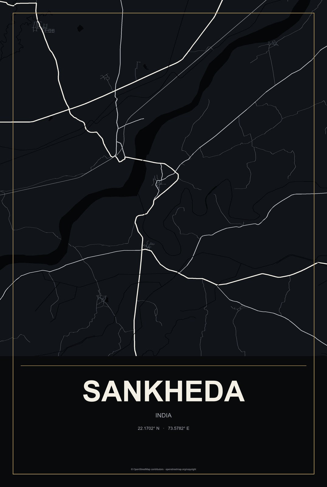 Sankheda, India City Map Aluminum Sign in Metropolitan Noir style