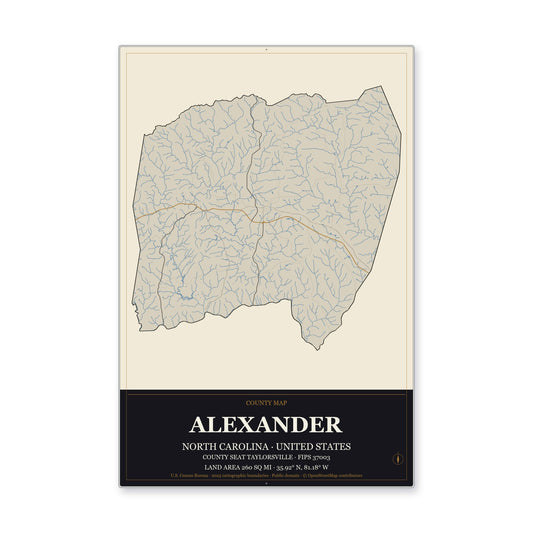 Alexander County, North Carolina Map Aluminum Sign in Museum Plaque style