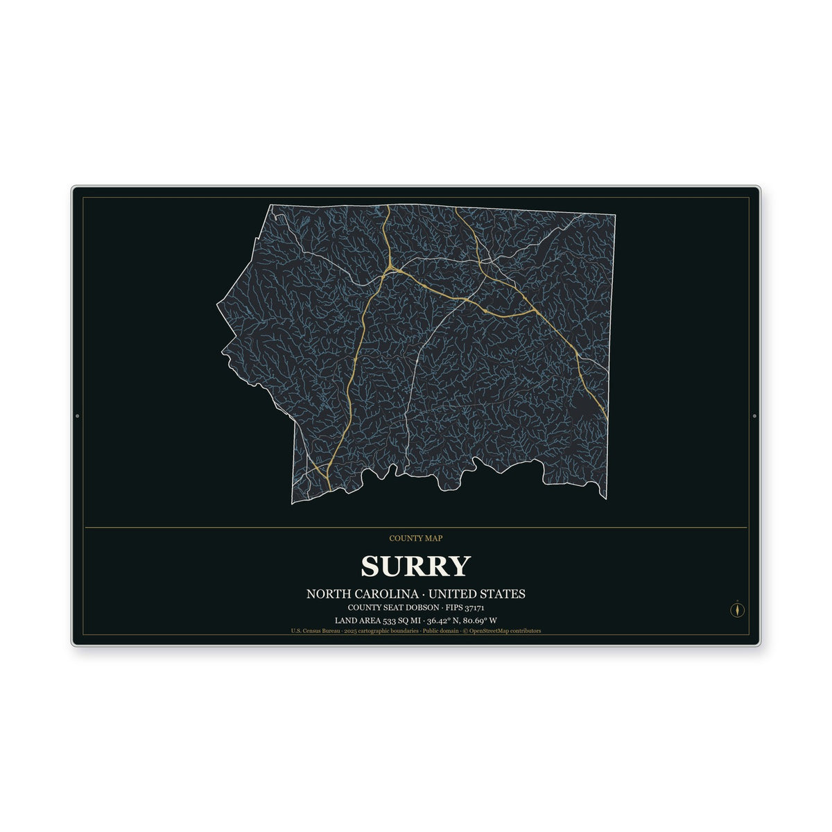 Surry County, North Carolina Map Aluminum Sign in Metropolitan Noir style