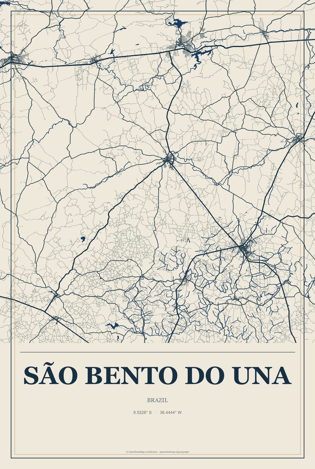São Bento do Una, Brazil City Map Aluminum Sign in Coastal Cutout style
