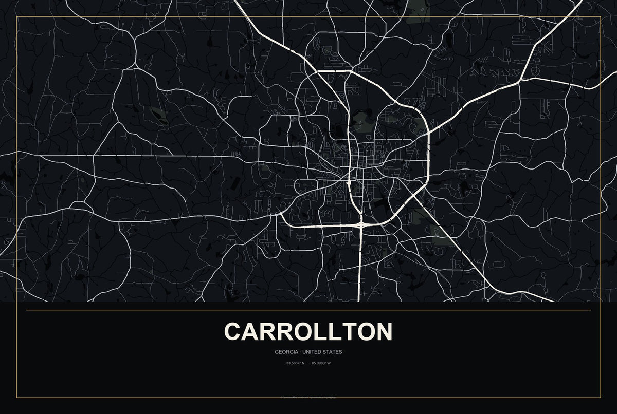 Carrollton, Georgia City Map Aluminum Sign in Metropolitan Noir style