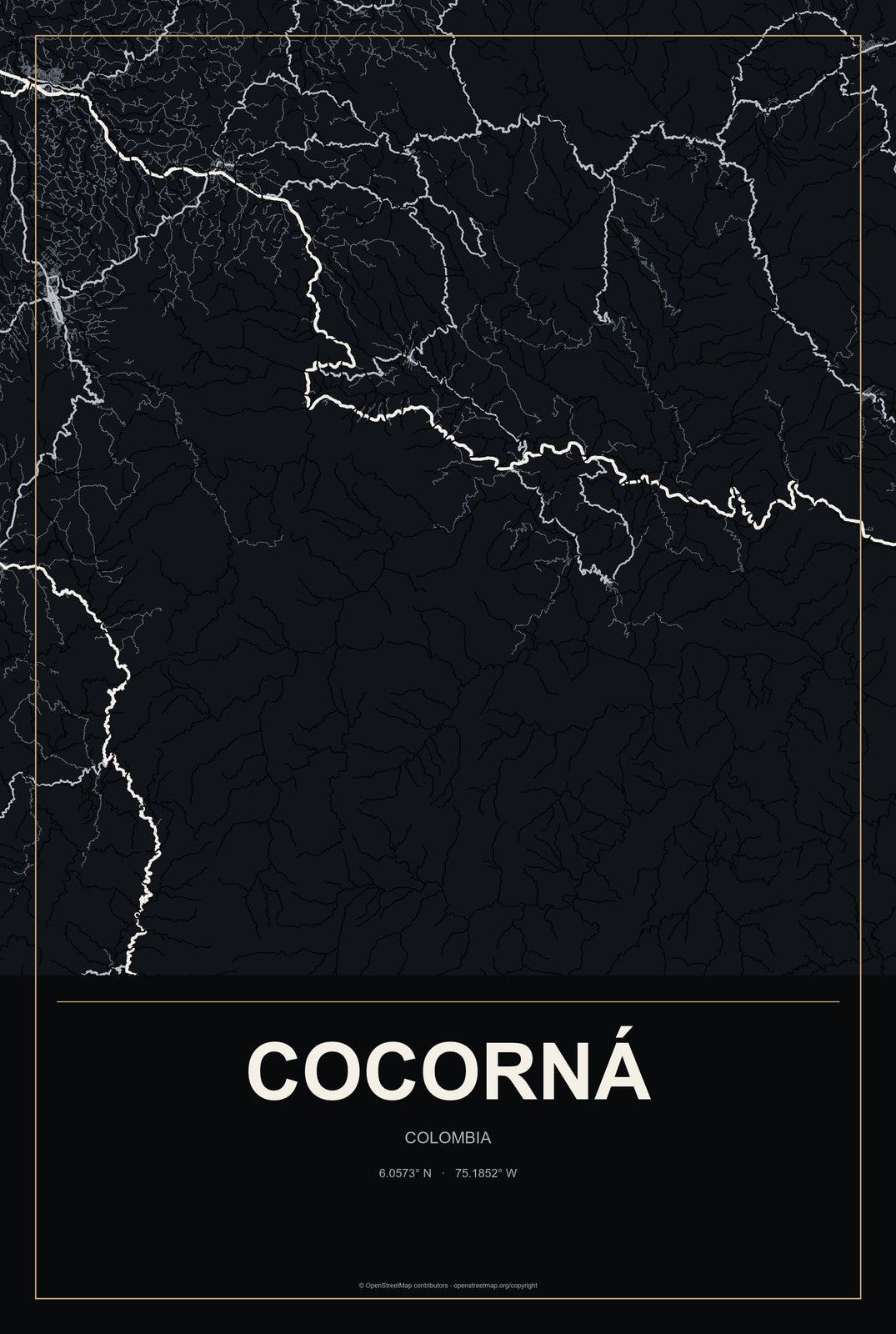 Cocorná, Colombia City Map Aluminum Sign in Metropolitan Noir style