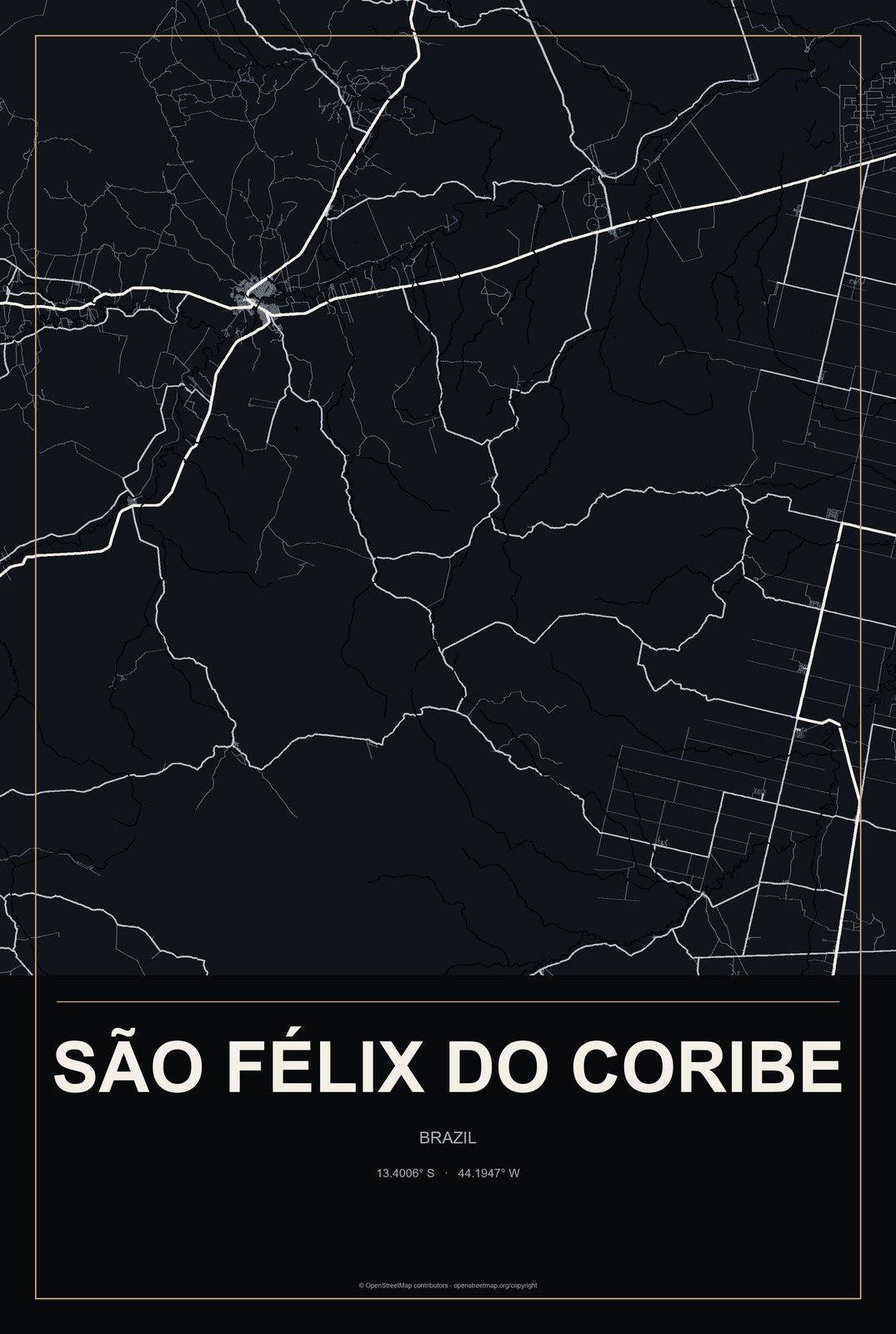 São Félix do Coribe, Brazil City Map Aluminum Sign in Metropolitan Noir style