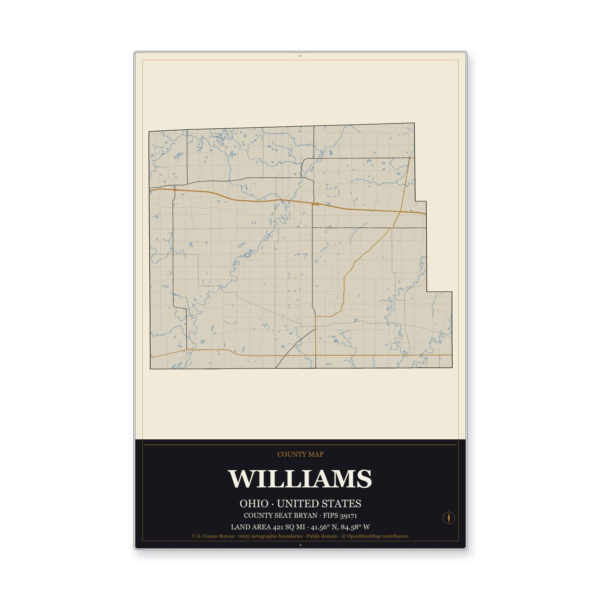 Williams County, Ohio Map Aluminum Sign in Museum Plaque style