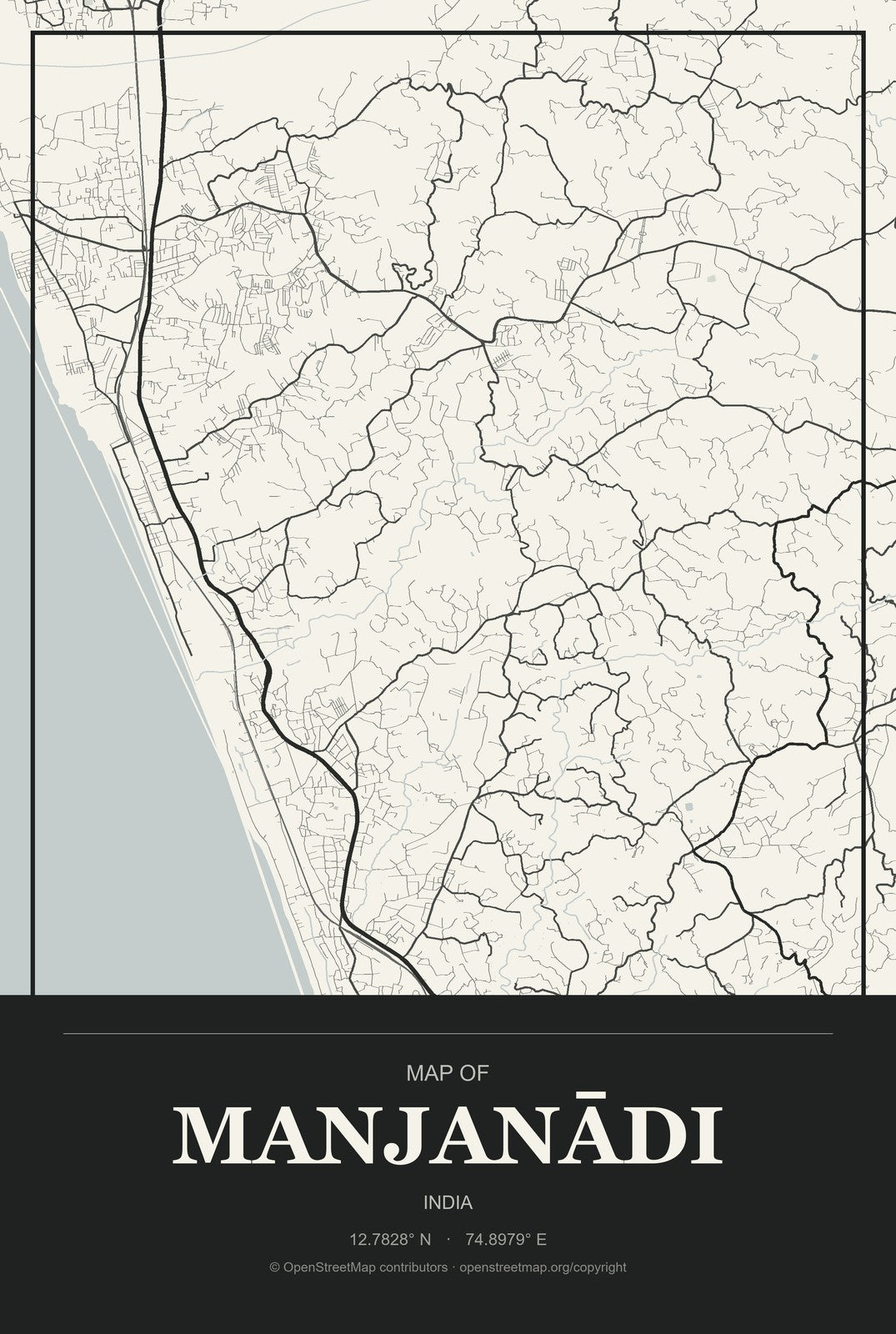 Manjanādi, India City Map Aluminum Sign in Museum Plaque style