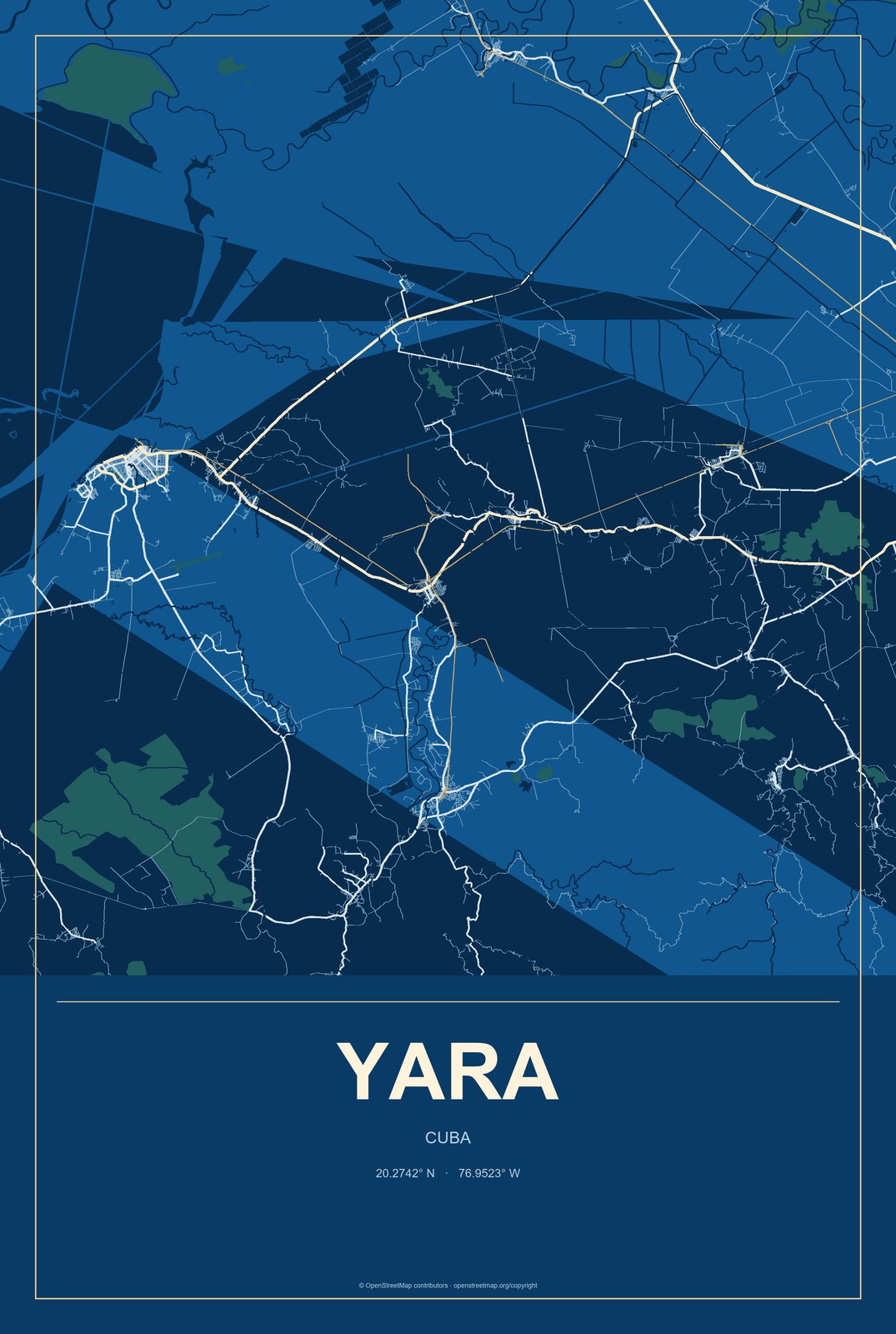Yara, Cuba City Map Aluminum Sign in Harbor Cobalt style