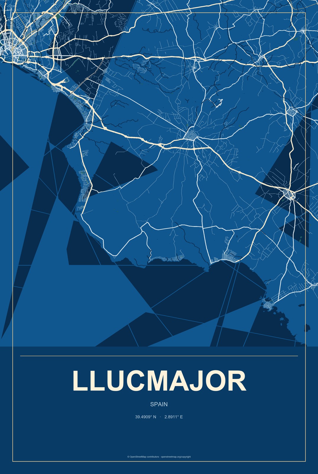 Llucmajor, Spain City Map Aluminum Sign in Harbor Cobalt style