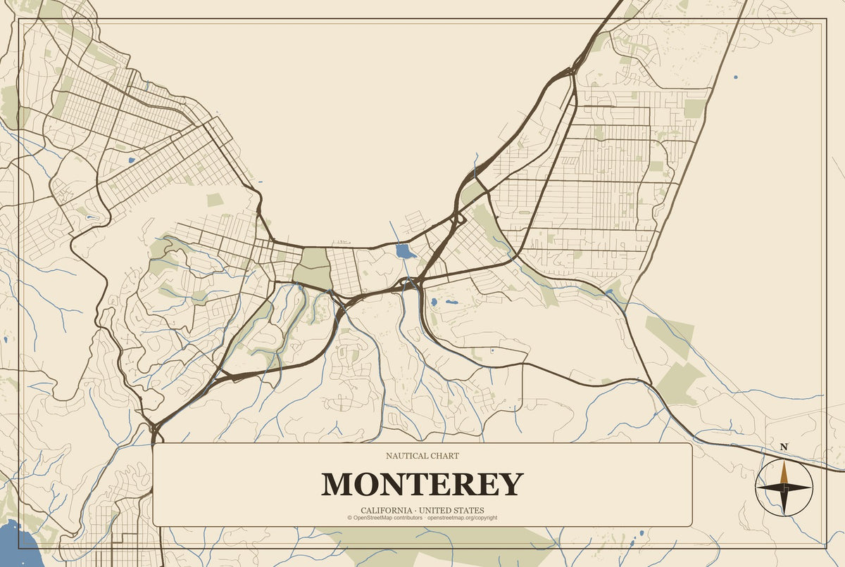 Monterey, California City Map Aluminum Sign in Heritage Nautical style