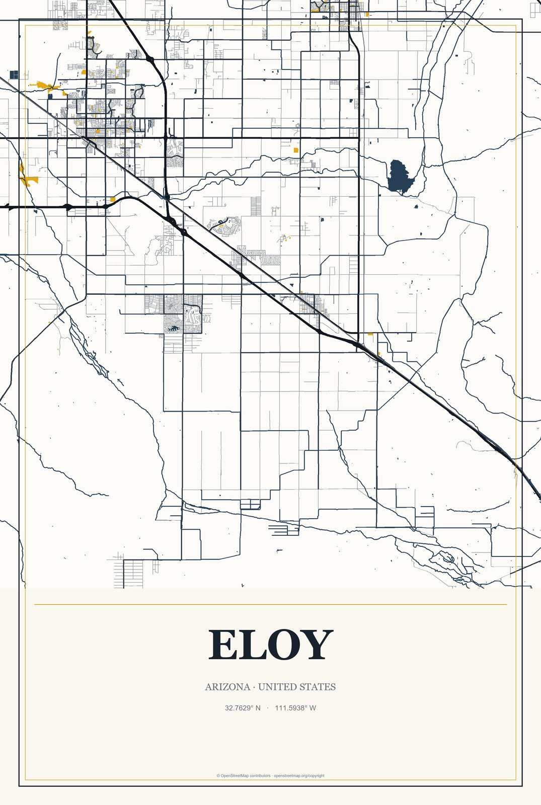 Eloy, Arizona City Map Aluminum Sign in Citrine Modern style