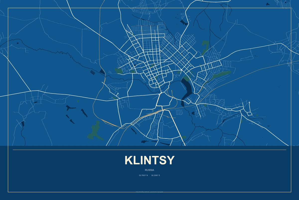 Klintsy, Russia City Map Aluminum Sign in Harbor Cobalt style