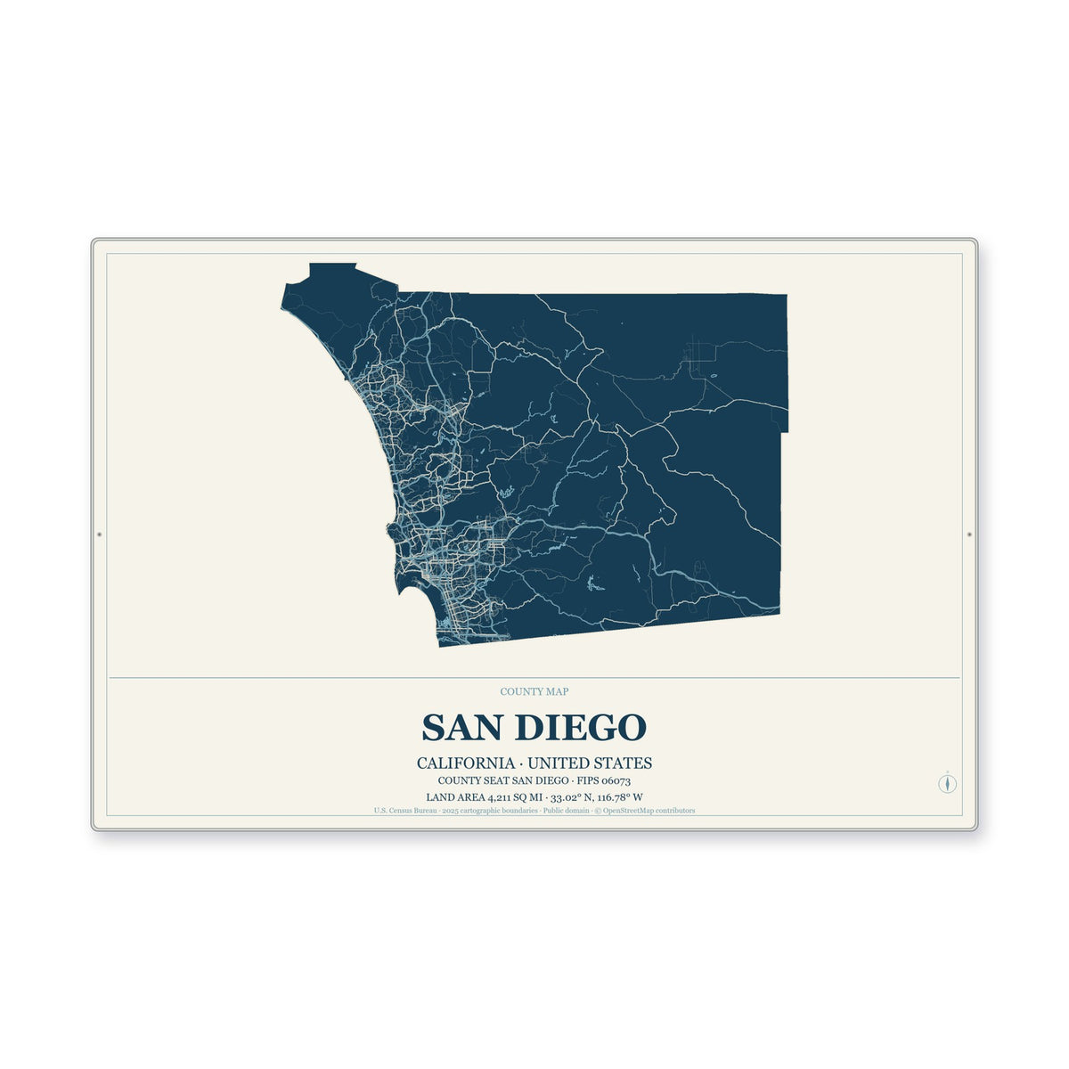 San Diego County, California Map Aluminum Sign in Coastal Cutout style