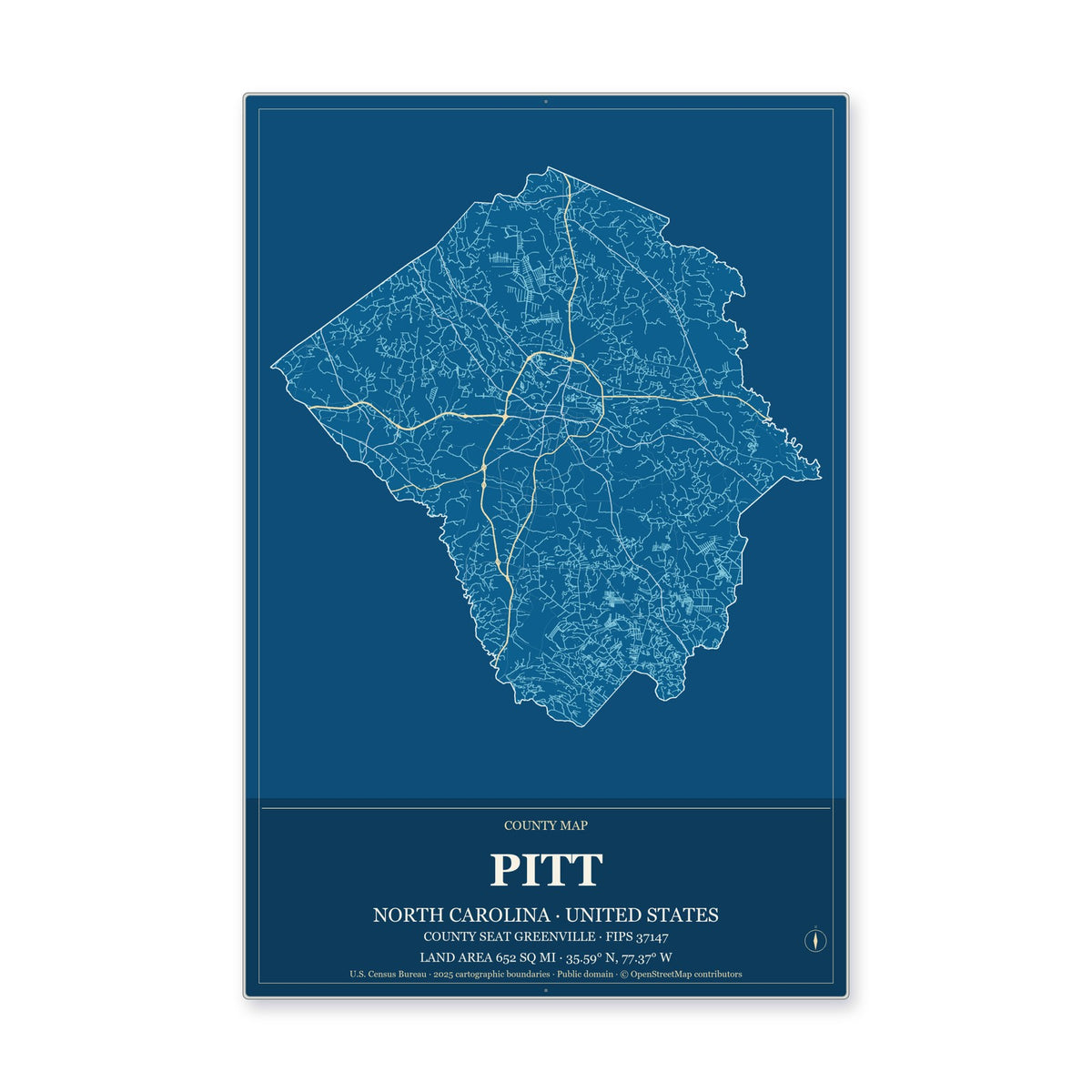 Pitt County, North Carolina Map Aluminum Sign in Harbor Cobalt style