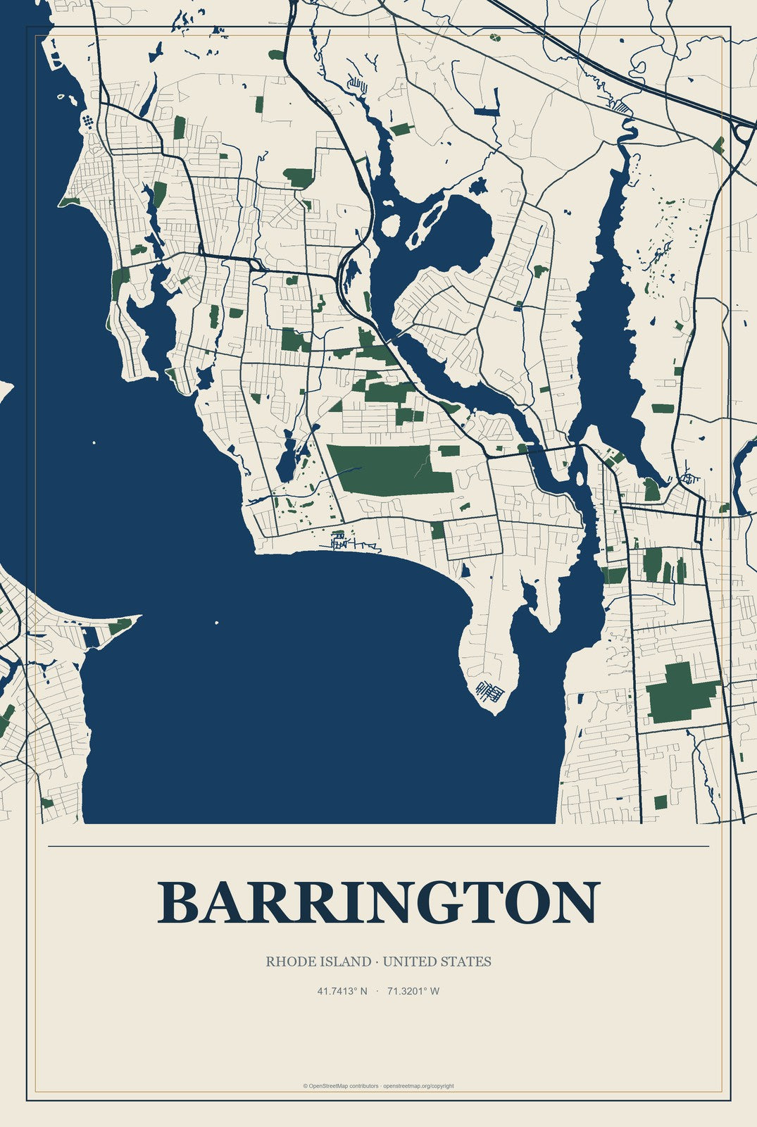 Barrington, Rhode Island City Map Aluminum Sign in Coastal Cutout style