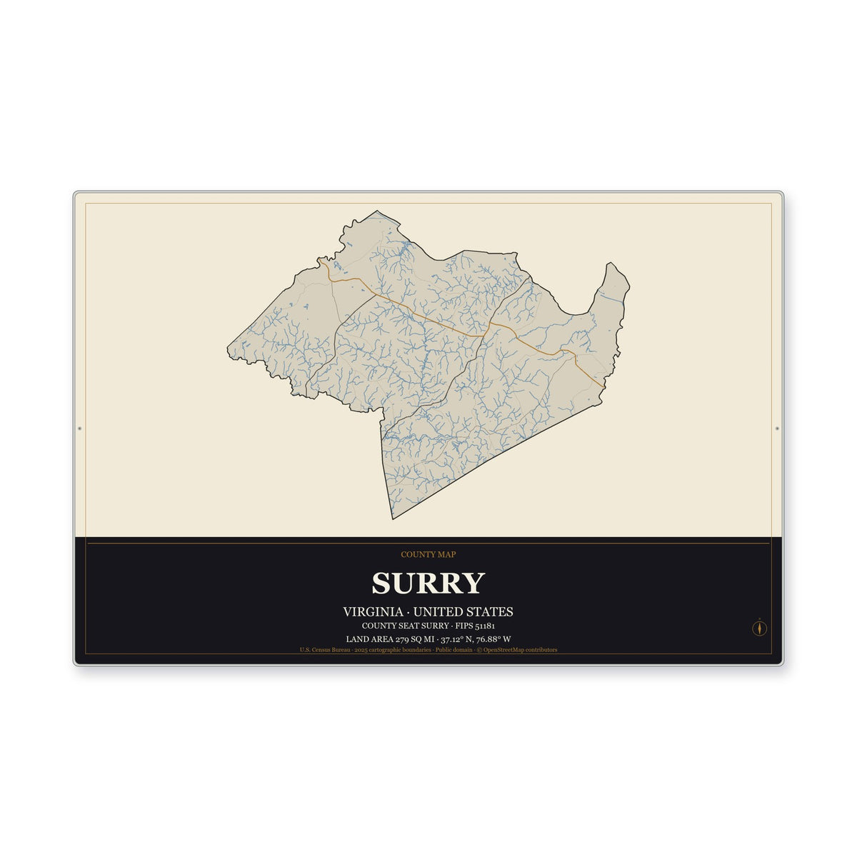 Surry County, Virginia Map Aluminum Sign in Museum Plaque style