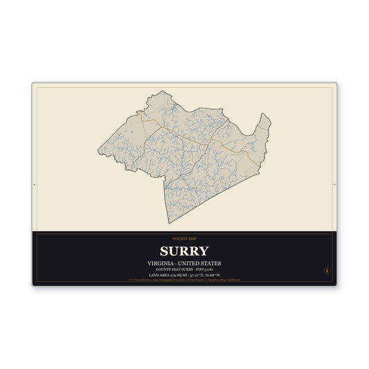 Surry County, Virginia Map Aluminum Sign in Museum Plaque style