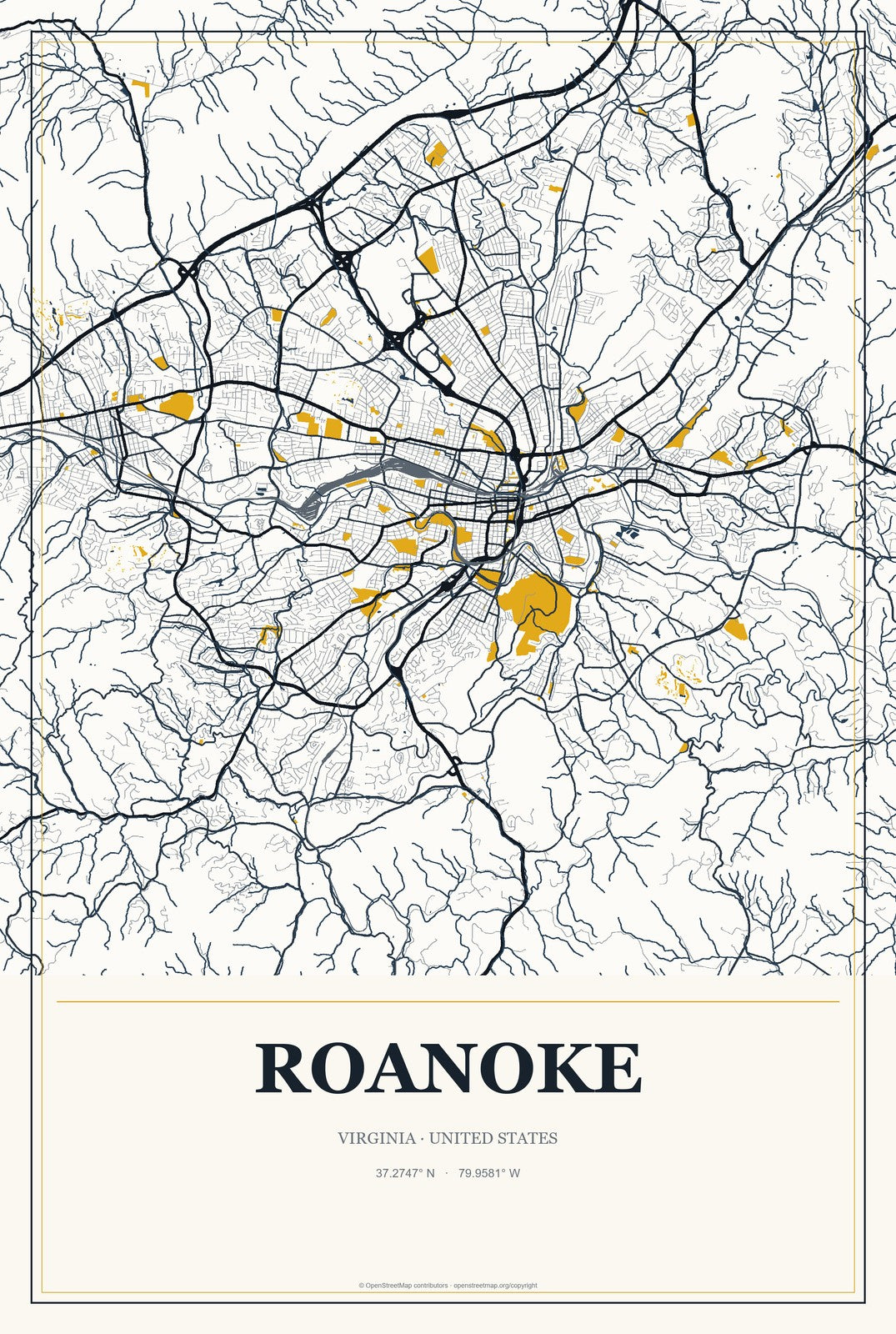 Roanoke, Virginia City Map Aluminum Sign in Citrine Modern style
