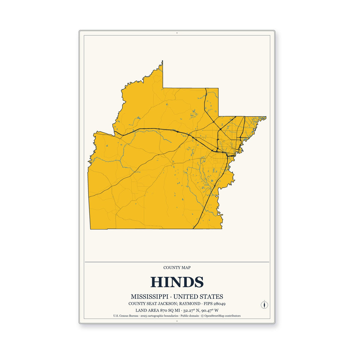 Hinds County, Mississippi Map Aluminum Sign in Citrine Modern style