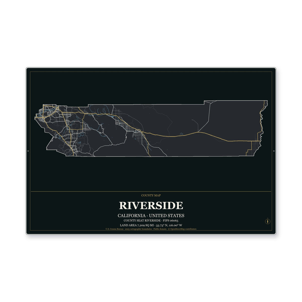 Riverside County, California Map Aluminum Sign in Metropolitan Noir style