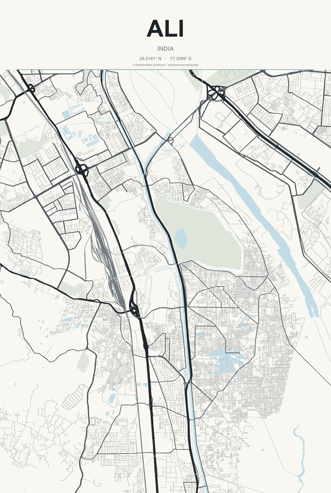 Ali, India City Map Aluminum Sign in Headline Atlas style