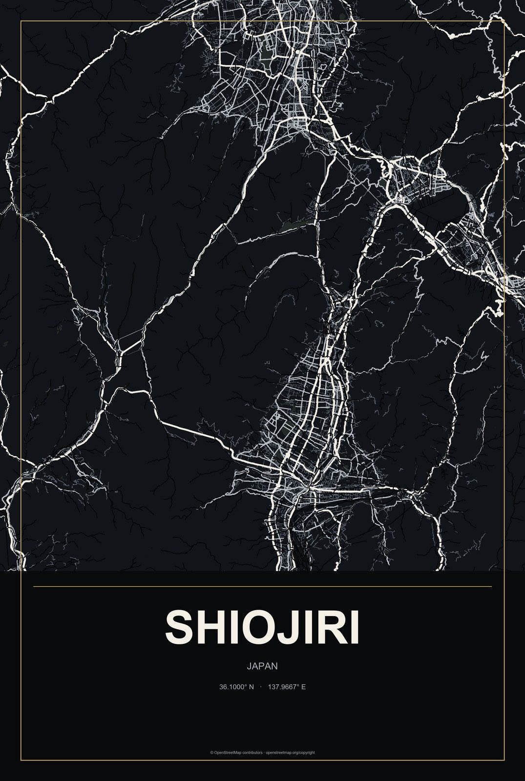Shiojiri, Japan City Map Aluminum Sign in Metropolitan Noir style
