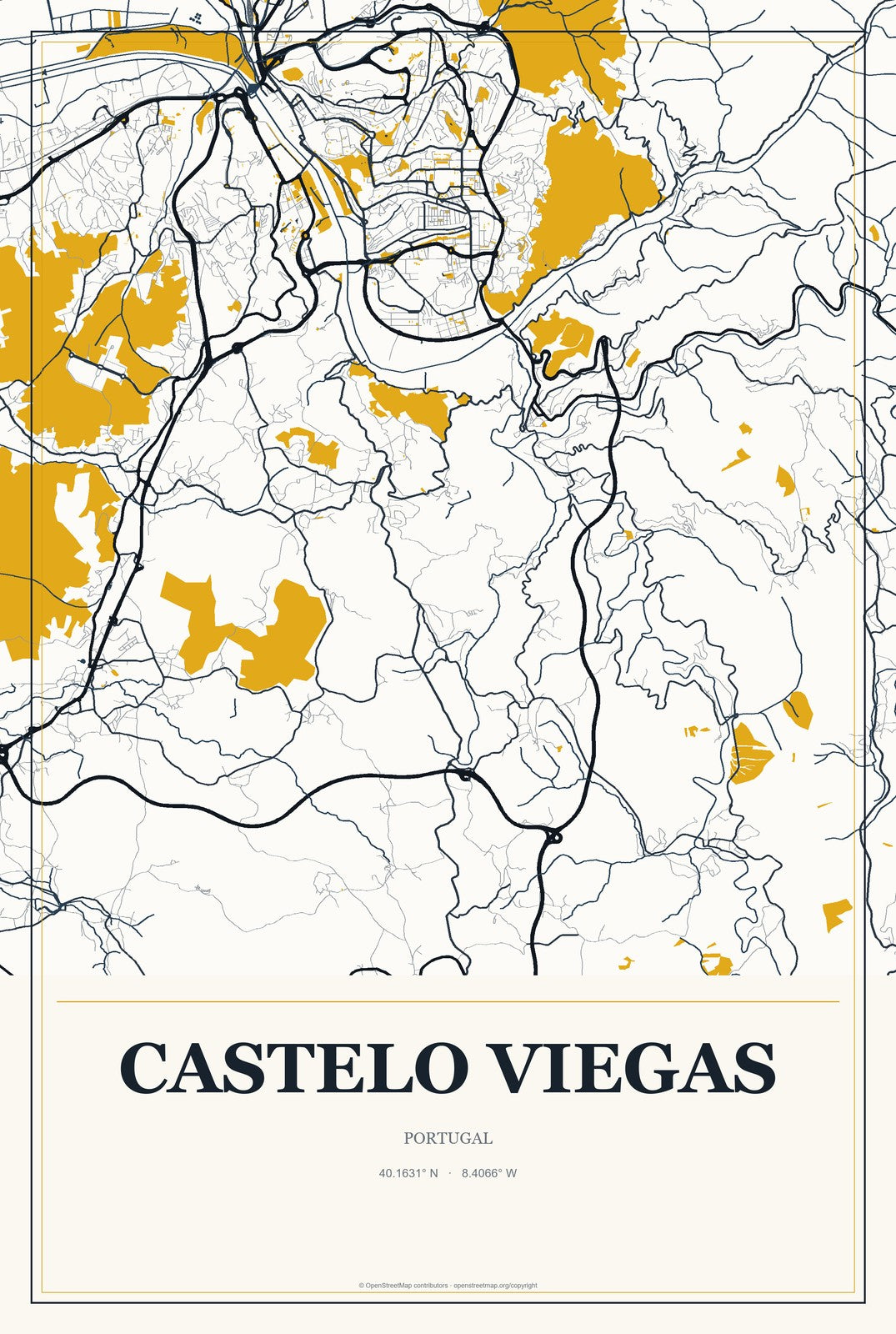 Castelo Viegas, Portugal City Map Aluminum Sign in Citrine Modern style