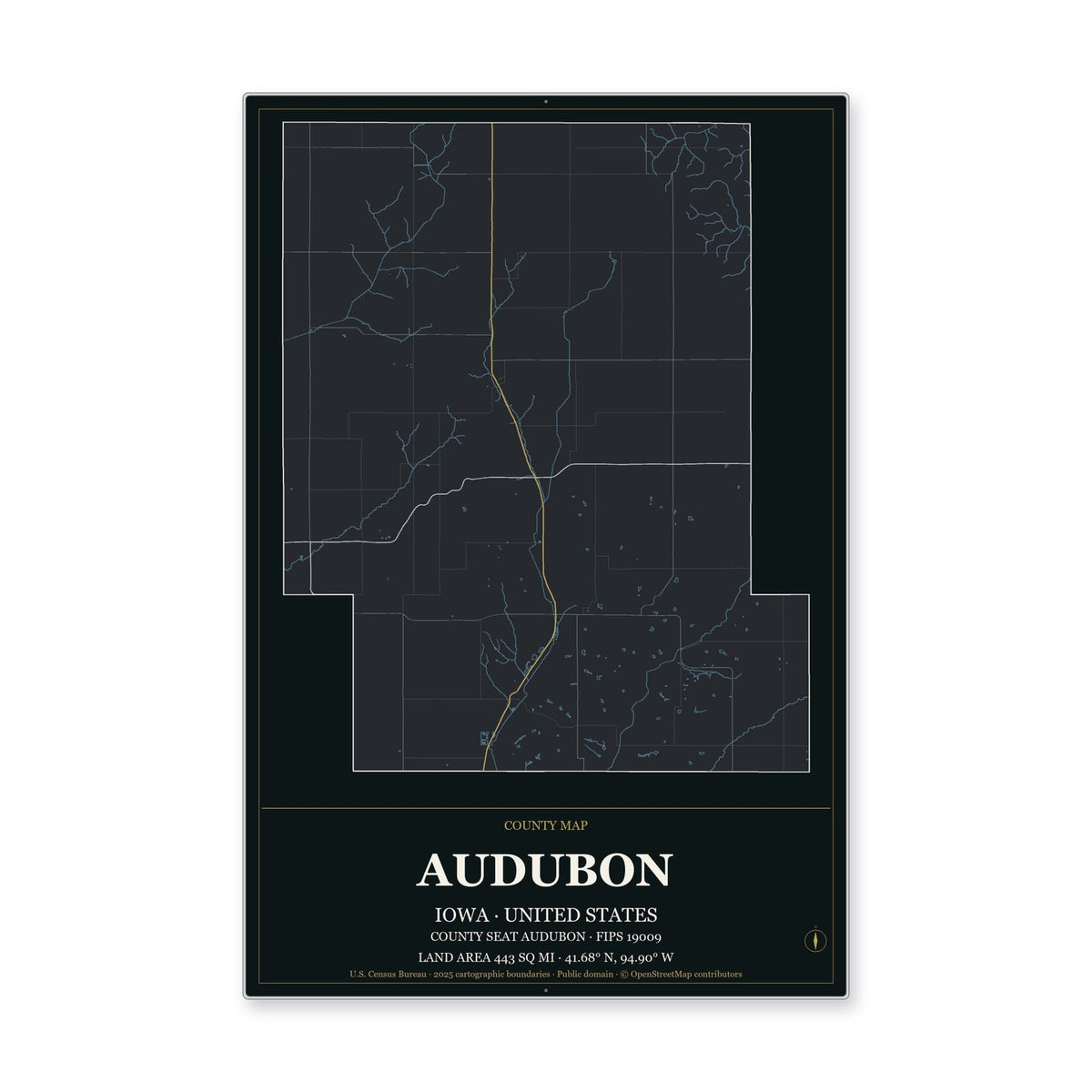 Audubon County, Iowa Map Aluminum Sign in Metropolitan Noir style