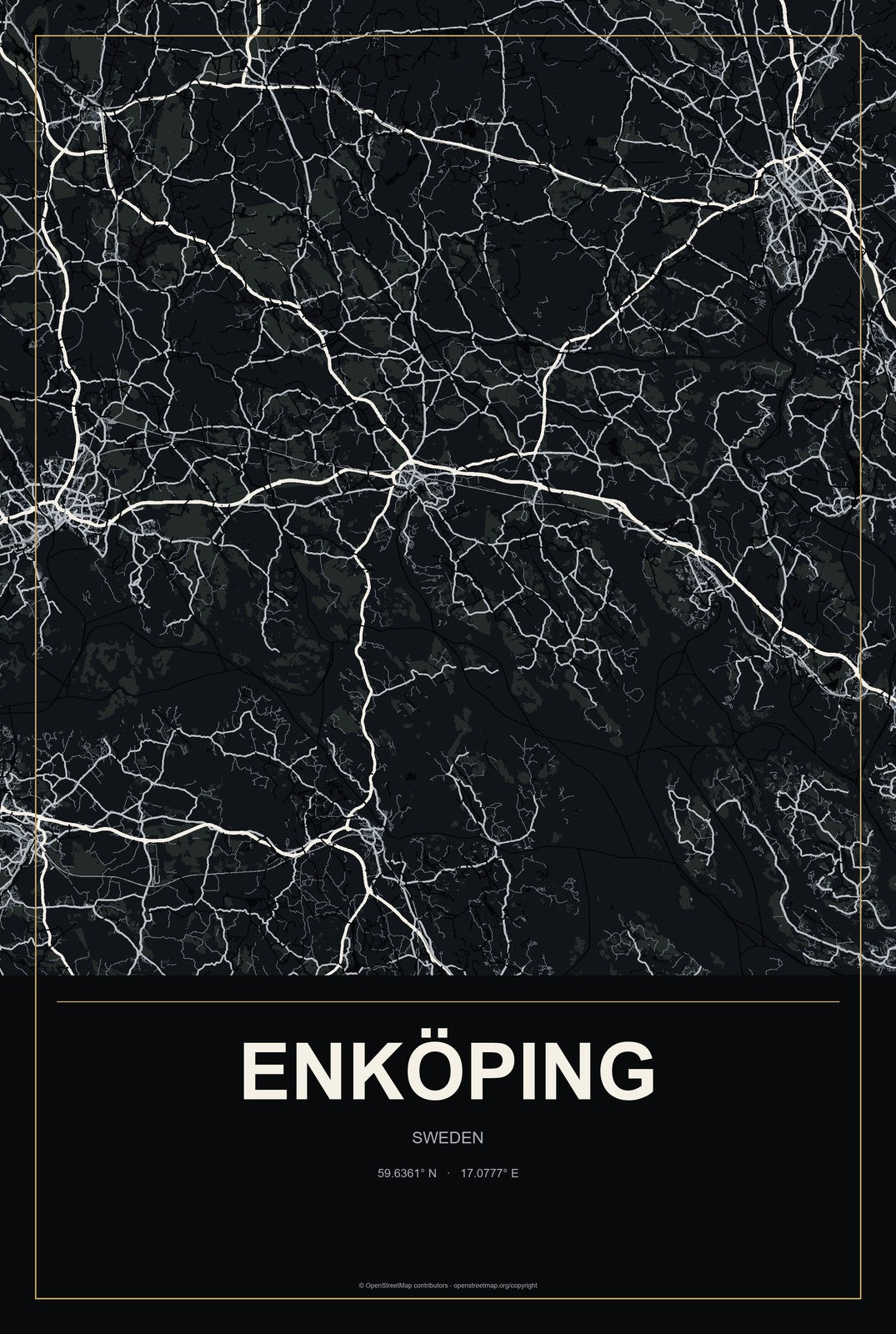 Enköping, Sweden City Map Aluminum Sign in Metropolitan Noir style