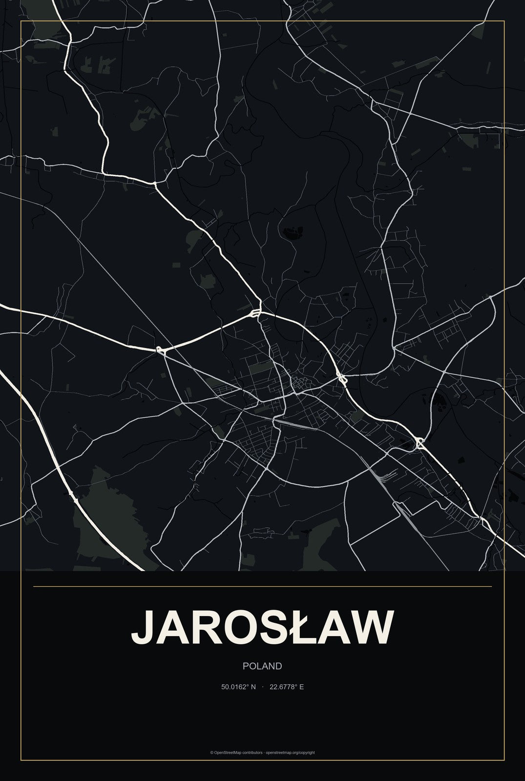 Jarosław, Poland City Map Aluminum Sign in Metropolitan Noir style
